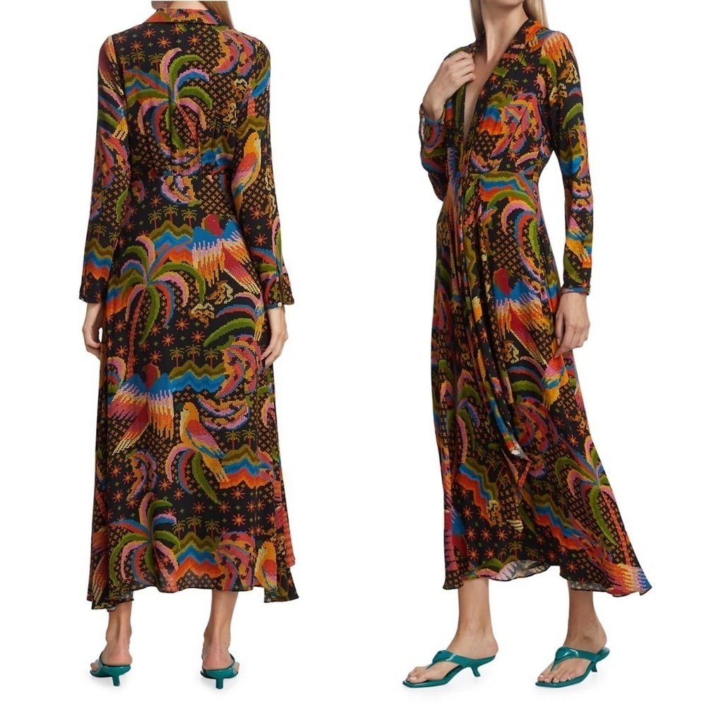 Farm Rio • Macaw Island Dress long sleeve maxi black cross stitch print - Picture 11 of 16